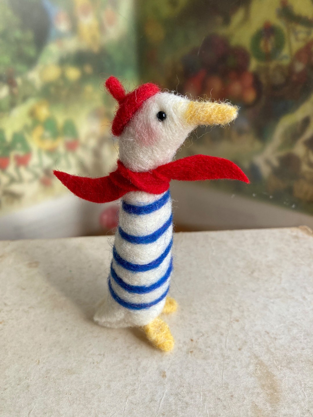 Needle Felted French Goose With Sailor Shirt and Beret, Felted Bird