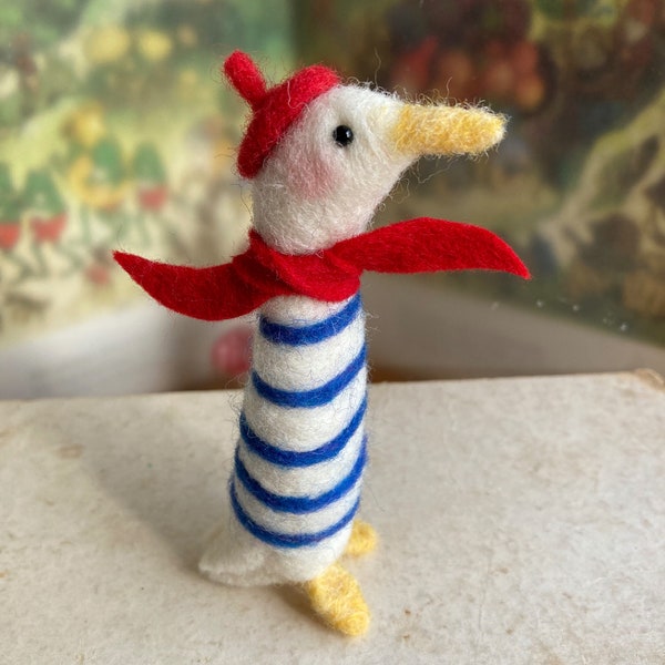 Needle felted French goose with sailor shirt and beret, felted bird, duck art doll, Childs room decor, storybook character, soft sculpture