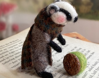 Needle felted badger, wool animals, handmade European badger, forest critters