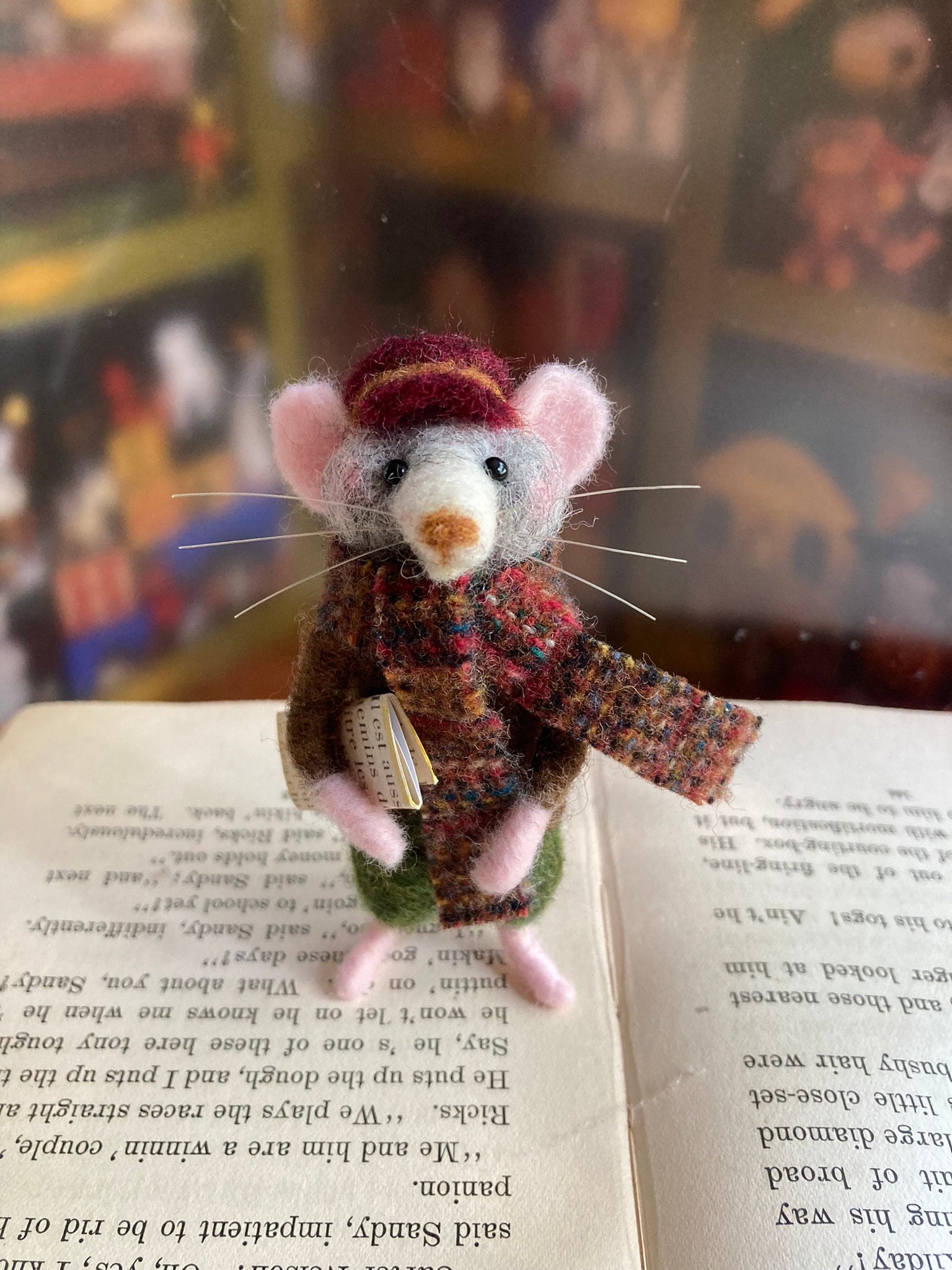 Needle Felted Mouse With Newsboy Cap and Wool Scarf, Dollhouse