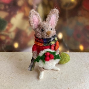 Needle felt Christmas bunny rabbit, woodland animal, wool Christmas decoration, needle felted hare with figgy pudding