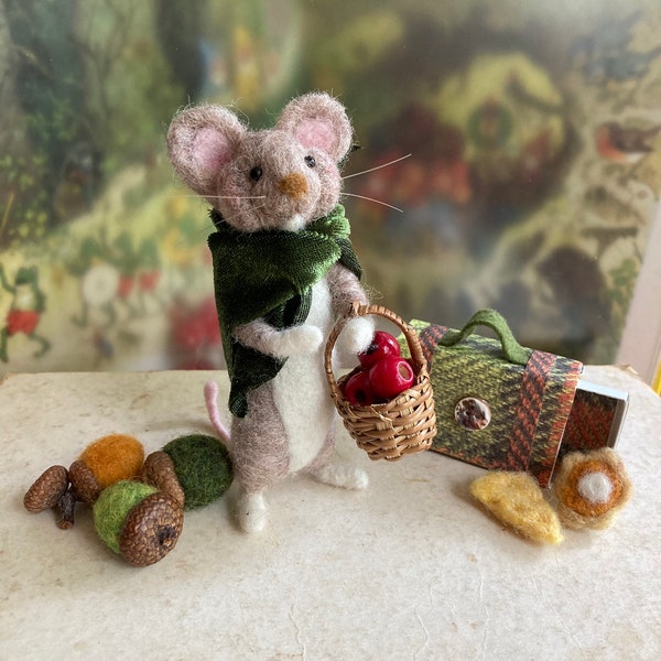Needle felted brown wool mouse with velvet shawl, handmade posable felt animals