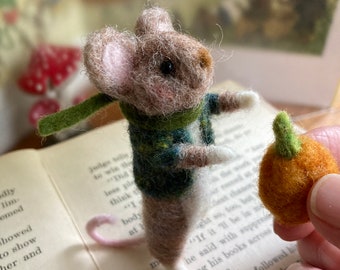 Needle felted wool mouse and pumpkin, felted animal, whimsical woodland mice