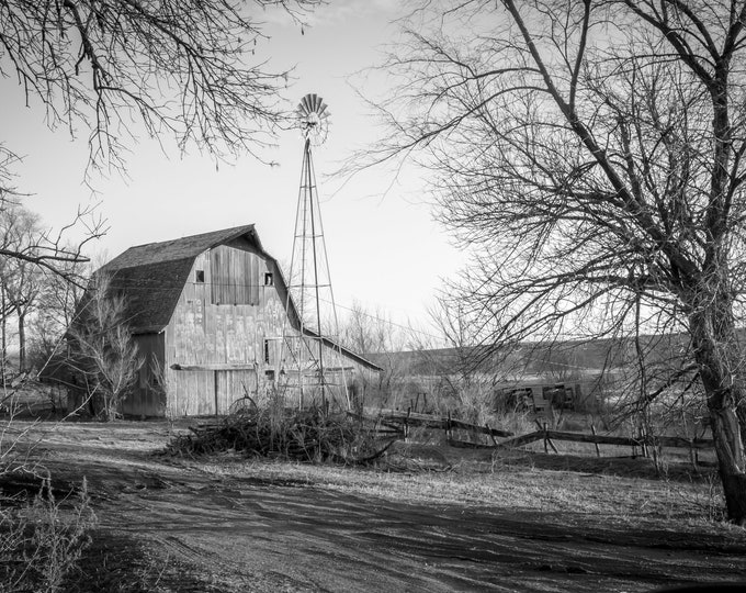 Grandpa's Yard Black and White - Old Barn, Country Decor, Old Barn Photography, Nebraska Farm, Farm Decor, Country Landscape, Windmills