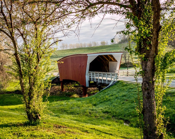 Cedar Covered Bridge - Country Creek Photo, Country Decor, Wall Art, Iowa, Spring Decor, Covered Bridge Decor, Sunrise, Winterset