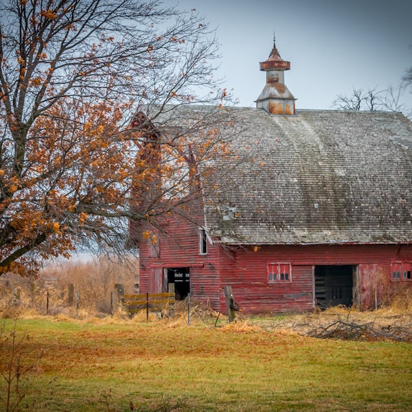 Fall Red Barn - Country Decor, Farm Art, Old Barn Decor, Nebraska, Autumn Farm Decor, Farm decor, old decor, Fall