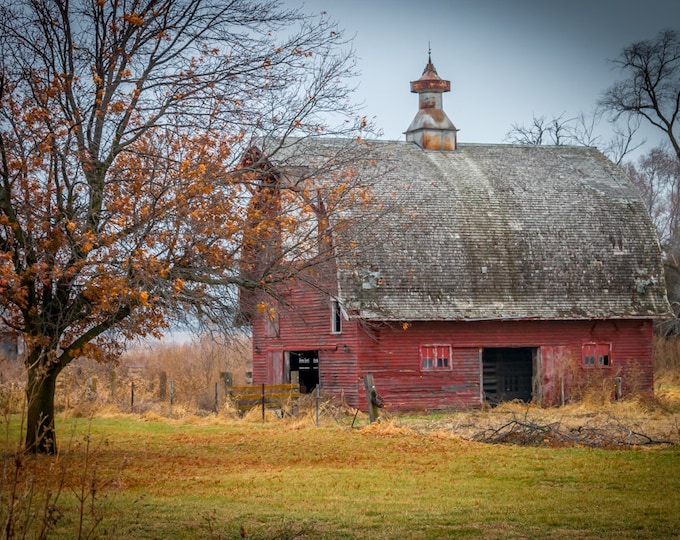 Fall Red Barn - Country Decor, Farm Art, Old Barn Decor, Nebraska, Autumn Farm Decor, Farm decor, old decor, Fall