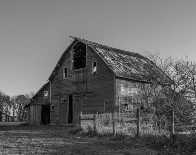 Moon Shine Barn Black and White - Winter Red Barn, Country Decor, Wall Art, Old Barn Photography, Winter Farm Decor, Country Landscape