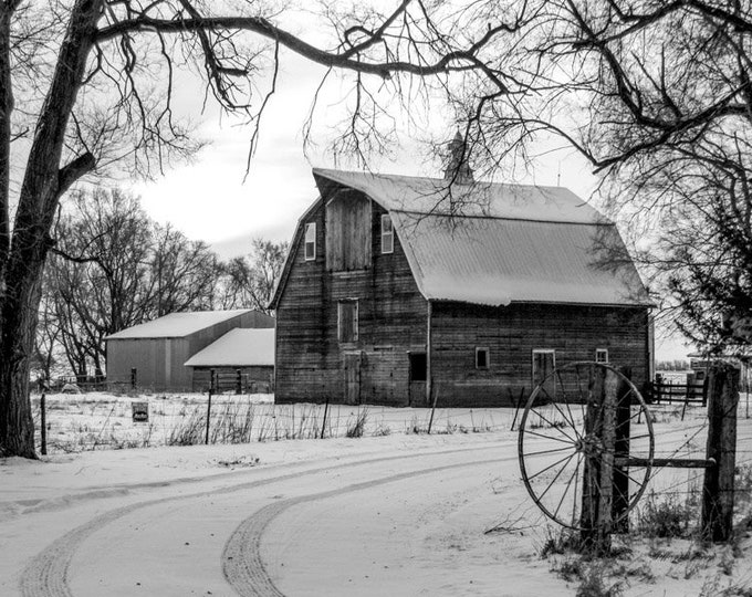 Sunrise Barn Black and White - Winter Barn Decor, Country Decor, Farm Art, Old Barn Decor, Nebraska, Winter Farm Decor, Old Barn decor, snow