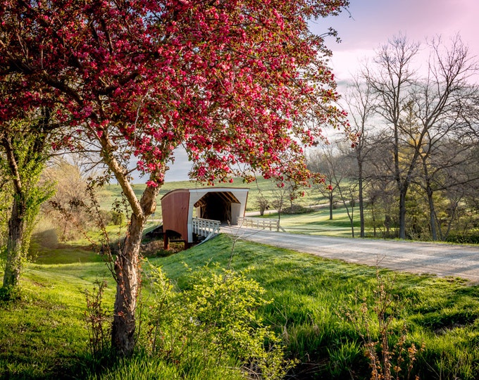 Cedar Covered Bridge - Country Creek Photo, Country Decor, Wall Art, Old Covered Bridge Photo, Iowa Farm, Spring Decor, Sunrise