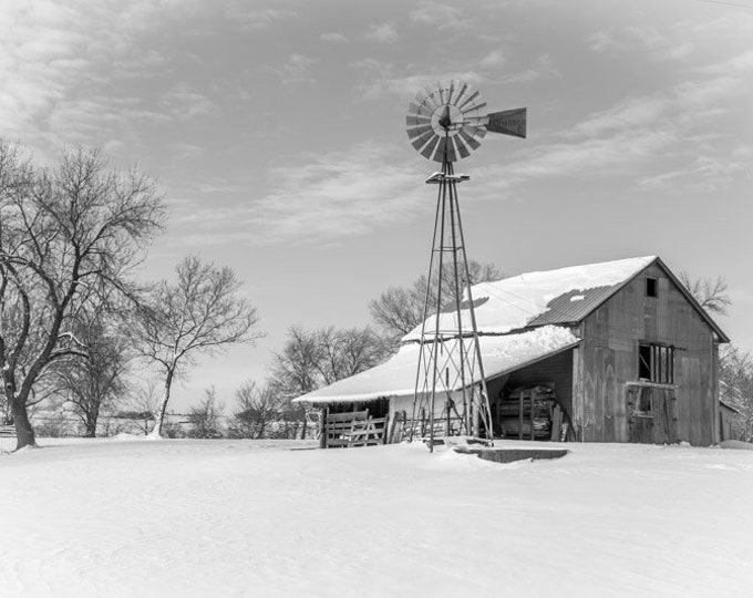 Windmill and Barn in Fresh Snow Black and White-Winter Barn Photo, Country Decor, Farm Art, Old Barn decor, Nebraska, farm decor, old decor