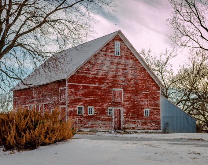 Winter Barn Photo, Country Decor, Wall Art, Old Barn Photography, Nebraska Farm, Winter Farm Decor, Snowy Landscape, Old Red Barn Photo