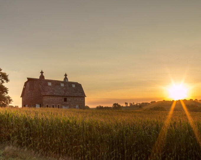 Brick Red Barn Photo, Country Decor, Wall Art, Old Barn Photography, Iowa Farm, Sunrise Farm Decor, Country Landscape