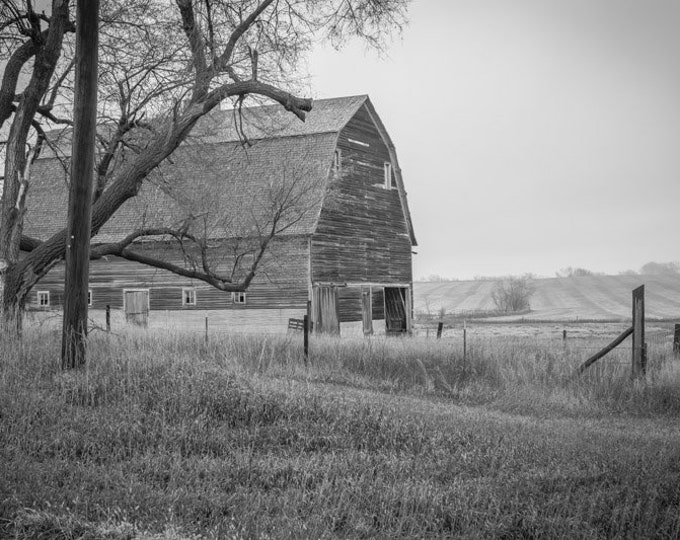 Simpler Time Black and White - Winter Red Barn Photo, Country Decor, Wall Art, Old Barn Photography, farm decor, Old Decor, Barn Decor