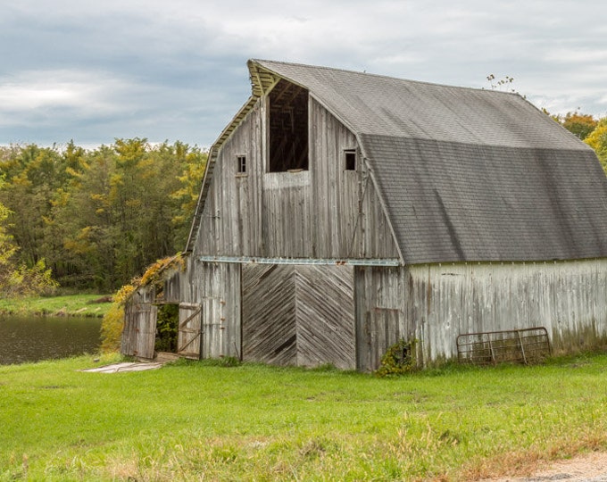 Gray Barn by Pond - Fall White Barn Photo, Country Decor, Wall Art, Old Barn Photography, Missouri, Autumn Farm Decor, Country Landscape