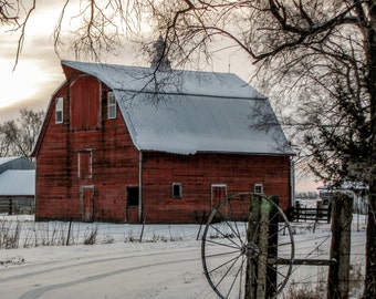 Sunrise Red Barn - Winter Barn Photo, Country Decor, Farm Art, Old Barn decor, Nebraska, Winter Farm Decor, Snowy decor, Old Barn Photo