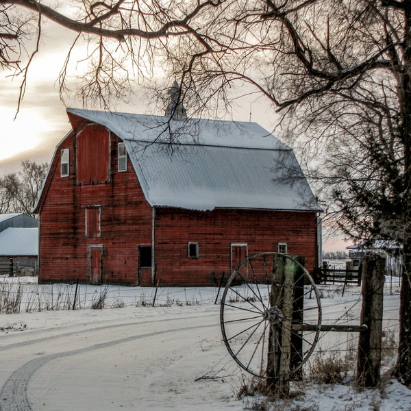 Sunrise Red Barn - Winter Barn Photo, Country Decor, Farm Art, Old Barn decor, Nebraska, Winter Farm Decor, Snowy decor, Old Barn Photo