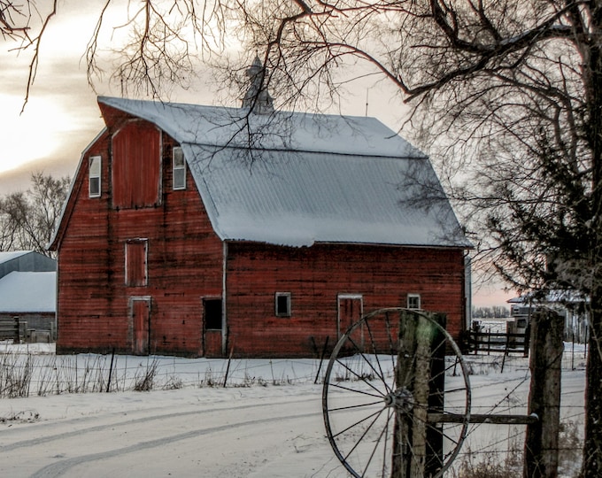 Sunrise Red Barn - Winter Barn Photo, Country Decor, Farm Art, Old Barn decor, Nebraska, Winter Farm Decor, Snowy decor, Old Barn Photo