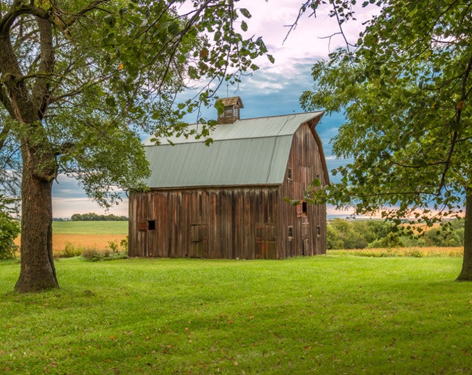 Fall Red Barn Photo, Country Decor, Wall Art, Old Barn Photography, Iowa Farm, Autumn Farm Decor, Country Landscape