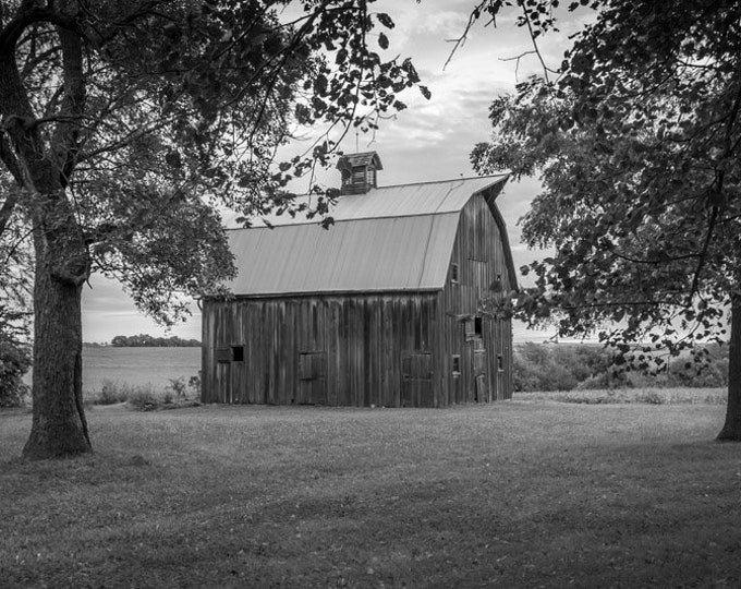 Fall Red Barn Black and white Photo, Country Decor, Wall Art, Old Barn Photography, Iowa Farm, Autumn Farm Decor, Country Landscape