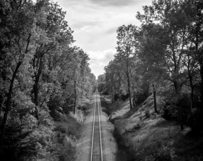 Tracks Ahead Black and White-Railroad Tracks decor, Country Decor, Railroad Art, Train Photo, Railroad, Railroad decor, trees, Right away