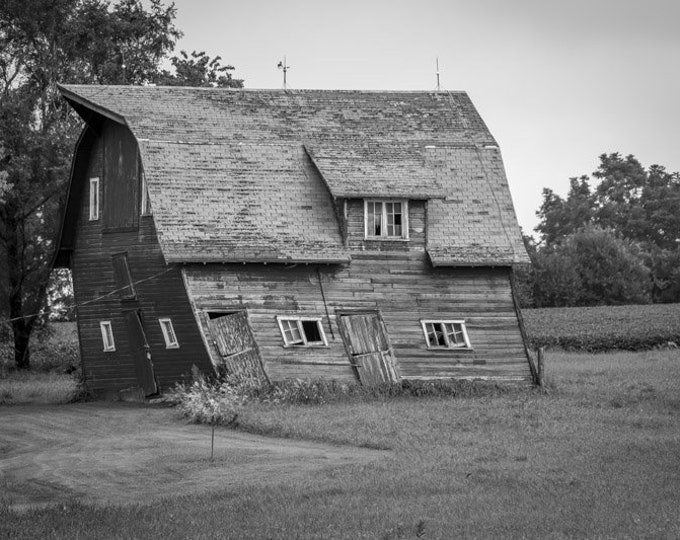 Leaning Red Barn Black and White-Fall Red Barn Decor, Country Decor, Farm Art, Old Barn Decor, Nebraska, Autumn Decor, Farm Decor, Old Decor