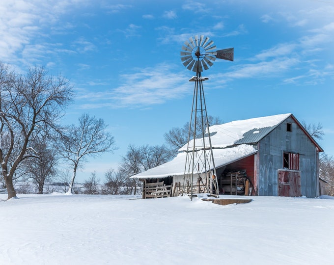 Windmill and Barn in Fresh Snow - Winter Decor, Country Decor, Farm Art, Old Barn decor, Nebraska, Farm Decor, Snow decor, Old Grey Barn
