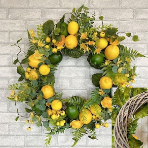 Lemon and Lime Wreath For Front Door, Large Colorful Summer Wreath, Year Round Kitchen Wall Decor, Indoor Wreath on Wicker Base