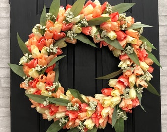 Spring Tulip Wreath for Front Door, Large Door Wreath, Summer Wreath for Front Door, Colorful Wreath, Large Tulips, Coral and Tellow