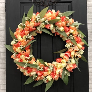 Spring Tulip Wreath for Front Door, Large Door Wreath, Summer Wreath for Front Door, Colorful Wreath, Large Tulips, Coral and Tellow