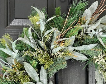 Christmas Pine & Seeded Eucalyptus Front Door Garland, Winter Pine Garland for Fireplace Mantle, Matching Wreath Available.  READY TO SHIP!