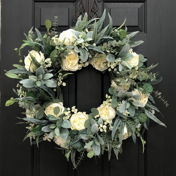 Spring Wreath For Front Door, Eucalyptus Wreath, Lambs Ear Wreath, Year Round Wreath, Floral Wreath, Large Spring Wreath, Extra Large Wreath