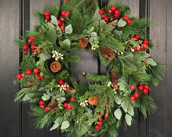 Large Christmas Wreath, Large Winter Wreath For Front Door, Christmas Greenery Wreath, Mixed Pine Wreath with Red Berries, 25 & 30 inch