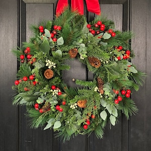 Large Christmas Wreath, Large Winter Wreath For Front Door, Christmas Greenery Wreath, Mixed Pine Wreath with Red Berries, 25 & 30 inch