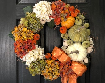 READY TO SHIP - Fall Hydrangea Wreath with Stacked Pumpkins - Large Autumn Wreath - Large Fall Wreath - Wreath with Velvet Pumpkins