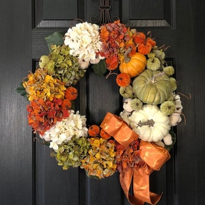 READY TO SHIP - Fall Hydrangea Wreath with Stacked Pumpkins - Large Autumn Wreath - Large Fall Wreath - Wreath with Velvet Pumpkins