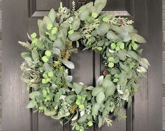 Winter Wreath For Front Door, After Christmas Wreath, Large Christmas Wreath, Eucalyptus with Shimmery Pine Mix, READY NOW