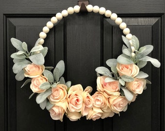 Wood Bead Hoop Wreath with Lambs Ear and Pink Flowers, Summer Wreath, Spring Wreath, Ranunculus, Peonies, Indoor Wreath, Wedding Decor