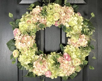 Limelight Hydrangea Wreath, Large Spring Wreath for Front Door,  Green and Pink Hydrangeas, Ranunculus, Summer Wreath, Mother's Day Gift