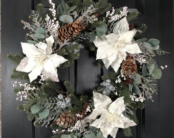 Large Winter Wreath, Large Christmas Wreath, White Floral Christmas Wreath, Holiday Wreath, Large Winter Wreath,  White Christmas Decor