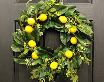 Magnolia and Lemon Wreath, Spring Wreath, Summer Wreath, Front Door Wreath, Wreath for Front Door, Wreath for Kitchen, Wreath With Fruit