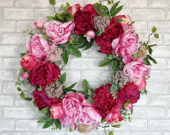Floral Wreath For Front Door with Vibrant Pink Peonies and Eucalyptus, Colorful Wreath for Spring and Summer, Large 28 inch