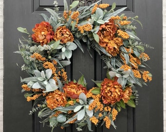 Fall Wreath With Eucalyptus, Lambs Ear, Orange Flowers and Berries