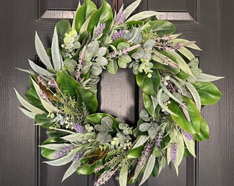 Year Round Greenery Wreath with Eucalyptus Leaves, Magnolia Leaves and Lavender, Large Everyday Wreath, XL Wreath For Above Fireplace Mantle