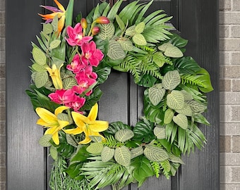 Tropical Wreath - Summer Wreath - Large Summer Wreath for Front Door - Tropical Leaf Wreath - Tropical Flowers