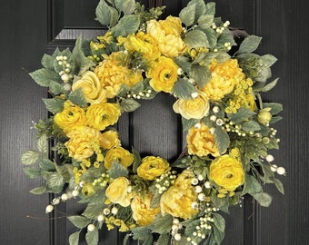 Spring Wreaths For Front Door, Yellow Floral Wreath, Large Summer Wreath, Wreath with Yellow Flowers, Colorful Front Door Wreath