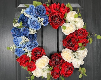 Patriotic Wreath - Fourth of July Wreath - Red White and Blue Wreath - Patriotic Wreath for Front Door - Large Summer Wreath for Front Door