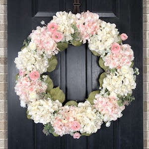 Hydrangea Wreath, Large Spring Wreath for Front Door, Pink and Off-White Hydrangeas, Ranunculus and Greenery Wedding Decorations Bridal image 1