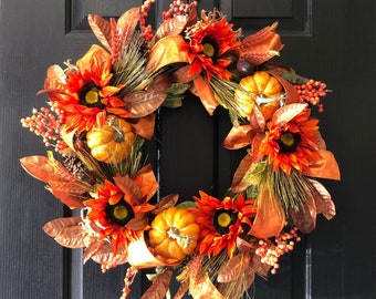 Fall Sunflower and Pumpkin Wreath For Front Door, Autumn Wreath For Front Door, Large Fall Wreath, Colorful Fall Wreath - XL Fall Wreath