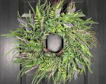Year Round Greenery Wreath with Lavender, Large Wreath for Front Door, Oversized Wreath, Fern Wreath, Extra Large Wreath, Swirl Twig Wreath